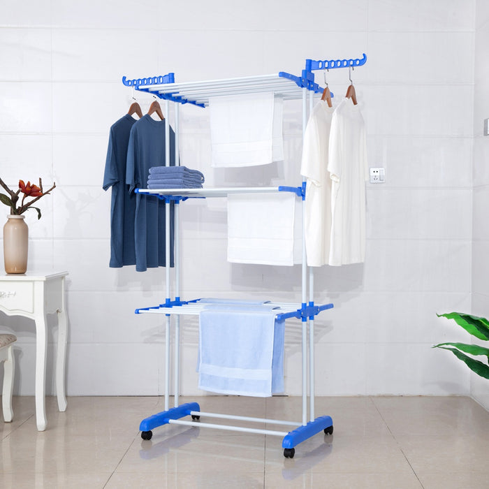 TP Wäscheständer 3 Ebenen klappbar, mobil ca. 18 Meter Wäscheleine, mit Seitenflügel Blau