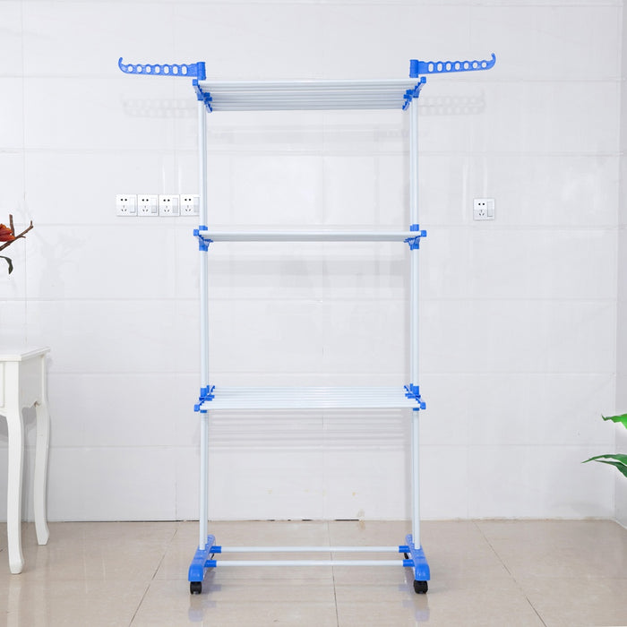 TP Wäscheständer 3 Ebenen klappbar, mobil ca. 18 Meter Wäscheleine, mit Seitenflügel Blau