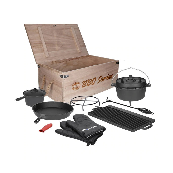 TP Premium BBQ Set 9-teilig, Dutch Oven, Pfanne,  Grillplatte, Topf aus Gusseisen mit Geschenk Kiste