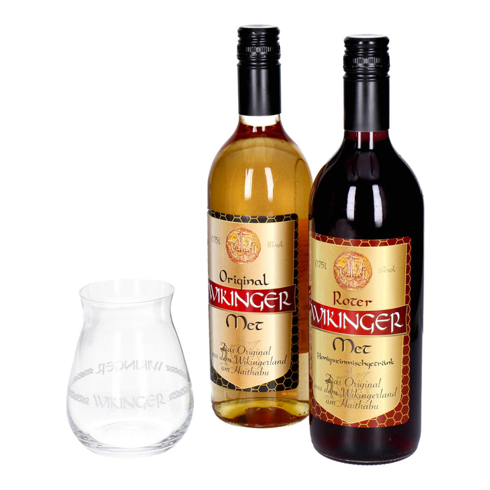 Wikinger Met Lagerfeuer-Set 2x 0,75 L Glasflasche Original & Roter Wikinger Met inkl. 1x Glas 4cl