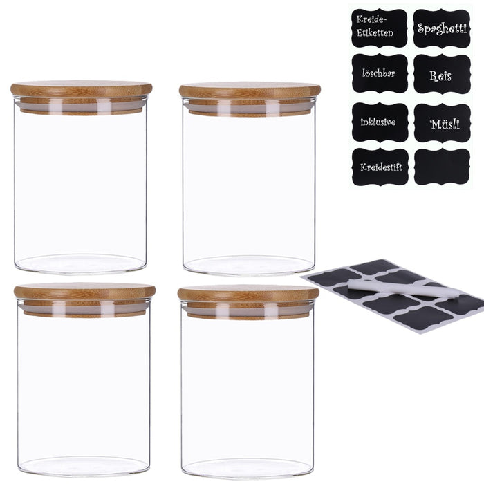 TP 4er Set Vorratsglas mit Bambusdeckel und 8 Kreidetafel- Sticker (4 x 700ml)