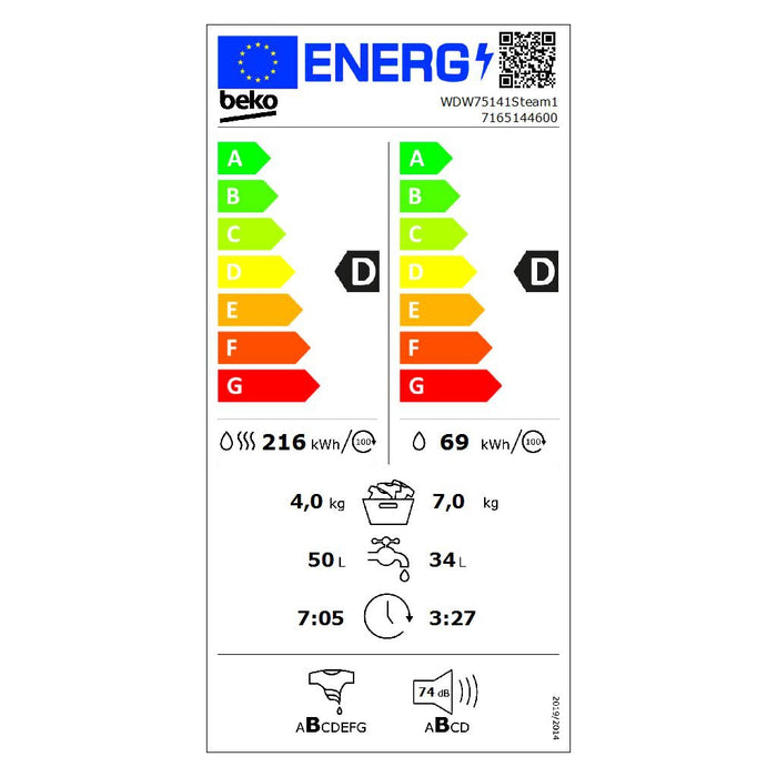 Beko Waschtrockner m.XL-Tür BT,1400Upm,Dampff. WDW75141Steam1