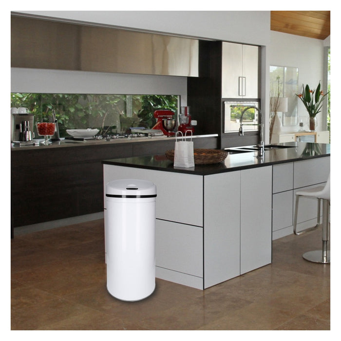 TP Sensor Mülleimer aus Edelstahl, Abfallbehälter für Küche, automatischer Deckel, rund, in weiß 30 Liter