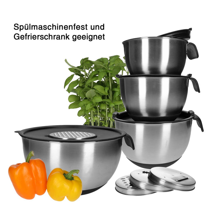 TP Edelstahl Schüssel-Set mit Griff, inkl. Deckel, Skala und 4 Einsätzen zum Gemüsereiben 13-teilig