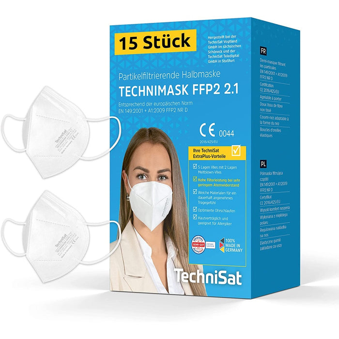 Technisat FFP2 Gesichtsmaske 15 Stück Mund und Nasen Schutzmaske Weiß