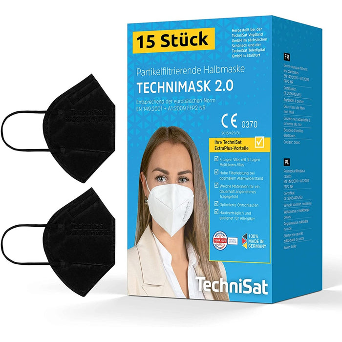 Technisat FFP2 Gesichtsmaske 15 Stück Mund und Nasen Schutzmaske Schwarz